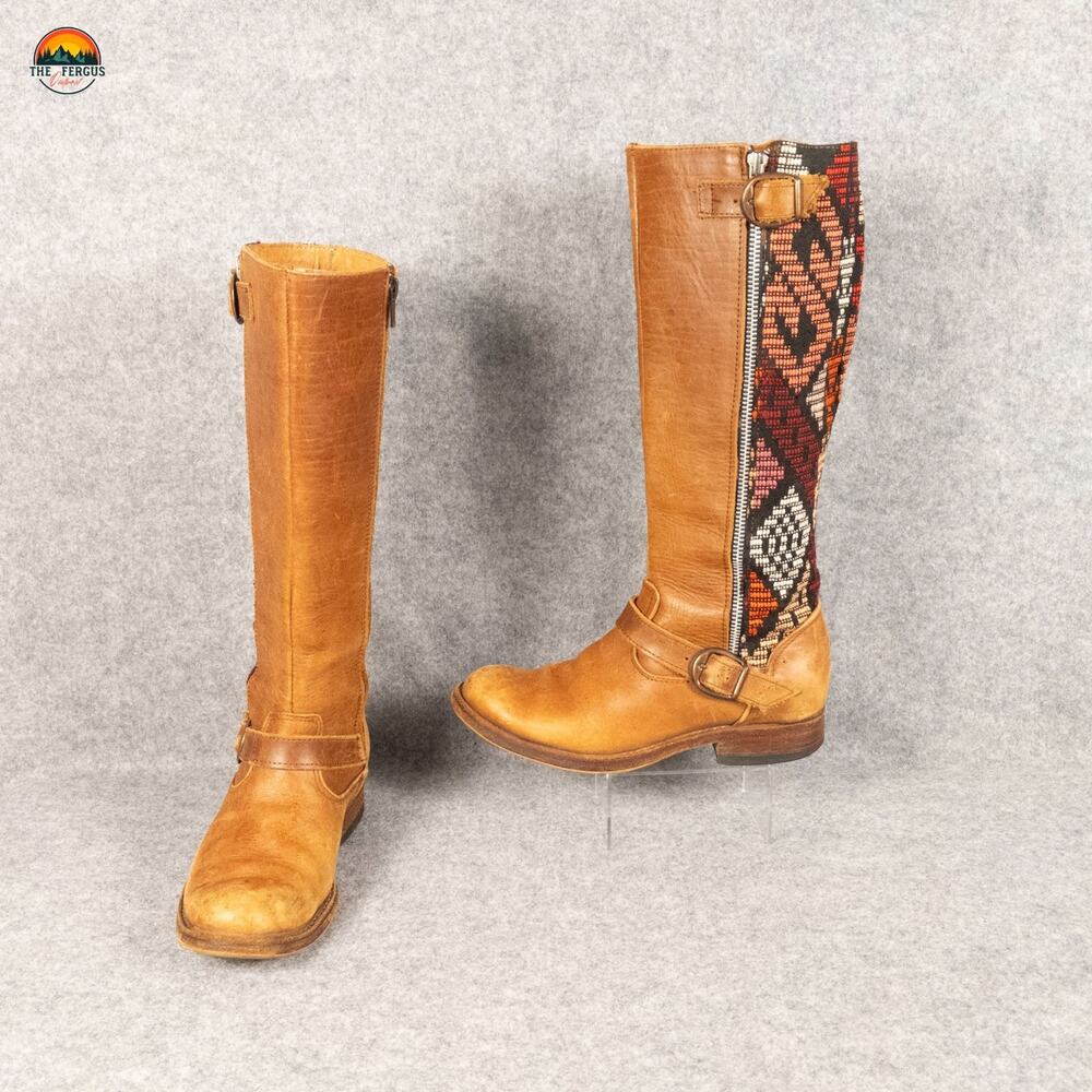 Aztec Western Riding Boots Brown Leather Embroidered Side Zip Women's Size 6.5